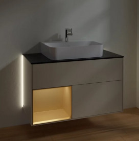 Тумба под раковину Villeroy & Boch Finion 100х50,1 см с подсветкой МДФ песок матовый лак/золотой матовый лак/стекло черное матовое G112HFHH