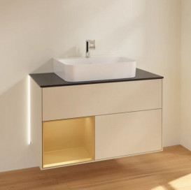 Тумба под раковину Villeroy & Boch Finion 100х50,1 см с подсветкой МДФ песок матовый лак/золотой матовый лак/стекло черное матовое G112HFHH