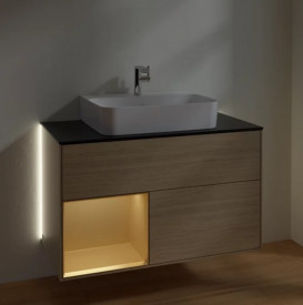 Тумба под раковину Villeroy & Boch Finion 100х50,1 см с подсветкой ДСП шпон дуба/золотой матовый лак/стекло черное матовое G112HFPC