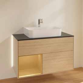 Тумба под раковину Villeroy & Boch Finion 100х50,1 см с подсветкой ДСП шпон дуба/золотой матовый лак/стекло черное матовое G112HFPC