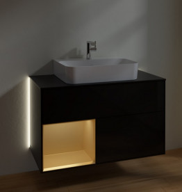 Тумба под раковину Villeroy & Boch Finion 100х50,1 см с подсветкой МДФ глянцевый черный лак/золотой матовый лак/стекло черное матовое G112HFPH