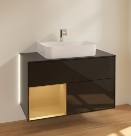 Тумба под раковину Villeroy & Boch Finion 100х50,1 см с подсветкой МДФ глянцевый черный лак/золотой матовый лак/стекло черное матовое G112HFPH
