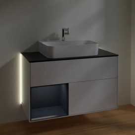 Тумба под раковину Villeroy & Boch Finion 100х50,1 см с подсветкой МДФ глянцевый белый лак/темно-синий матовый лак/стекло черное матовое G112HGGF