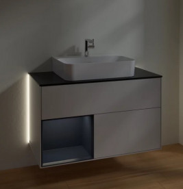 Тумба под раковину Villeroy & Boch Finion 100х50,1 см с подсветкой МДФ светло-серый матовый лак/темно-синий матовый лак/стекло черное матовое G112HGGJ