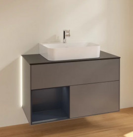 Тумба под раковину Villeroy & Boch Finion 100х50,1 см с подсветкой МДФ антрацит матовый лак/темно-синий матовый лак/стекло черное матовое G112HGGK