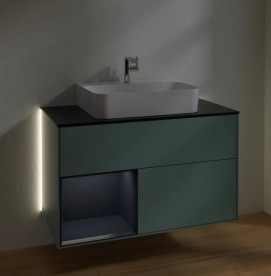 Тумба под раковину Villeroy & Boch Finion 100х50,1 см с подсветкой МДФ оливковый матовый лак/темно-синий матовый лак/стекло черное матовое G112HGGM