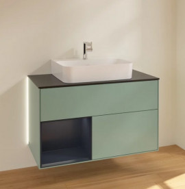 Тумба под раковину Villeroy & Boch Finion 100х50,1 см с подсветкой МДФ оливковый матовый лак/темно-синий матовый лак/стекло черное матовое G112HGGM