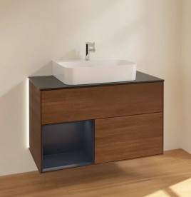 Тумба под раковину Villeroy & Boch Finion 100х50,1 см с подсветкой ДСП шпон грецкого ореха/темно-синий матовый лак/стекло черное матовое G112HGGN
