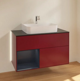 Тумба под раковину Villeroy & Boch Finion 100х50,1 см с подсветкой МДФ пион матовый лак/темно-синий матовый лак/стекло черное матовое G112HGHB