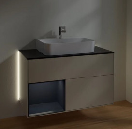 Тумба под раковину Villeroy & Boch Finion 100х50,1 см с подсветкой МДФ песок матовый лак/темно-синий матовый лак/стекло черное матовое G112HGHH