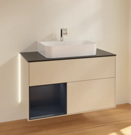 Тумба под раковину Villeroy & Boch Finion 100х50,1 см с подсветкой МДФ песок матовый лак/темно-синий матовый лак/стекло черное матовое G112HGHH
