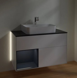 Тумба под раковину Villeroy & Boch Finion 100х50,1 см с подсветкой МДФ белый матовый лак/темно-синий матовый лак/стекло черное матовое G112HGMT