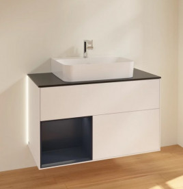 Тумба под раковину Villeroy & Boch Finion 100х50,1 см с подсветкой МДФ белый матовый лак/темно-синий матовый лак/стекло черное матовое G112HGMT