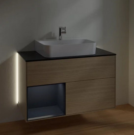 Тумба под раковину Villeroy & Boch Finion 100х50,1 см с подсветкой ДСП шпон дуба/темно-синий матовый лак/стекло черное матовое G112HGPC
