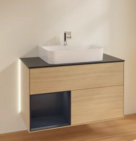 Тумба под раковину Villeroy & Boch Finion 100х50,1 см с подсветкой ДСП шпон дуба/темно-синий матовый лак/стекло черное матовое G112HGPC