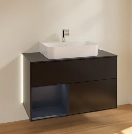 Тумба под раковину Villeroy & Boch Finion 100х50,1 см с подсветкой МДФ черный матовый лак/темно-синий матовый лак/стекло черное матовое G112HGPD