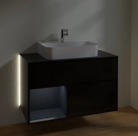 Тумба под раковину Villeroy & Boch Finion 100х50,1 см с подсветкой МДФ глянцевый черный лак/темно-синий матовый лак/стекло черное матовое G112HGPH