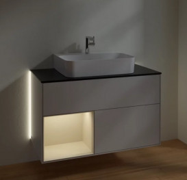 Тумба под раковину Villeroy & Boch Finion 100х50,1 см с подсветкой МДФ светло-серый матовый лак/песок матовый лак/стекло черное матовое G112HHGJ