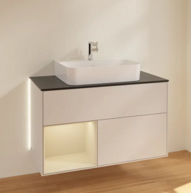 Тумба под раковину Villeroy & Boch Finion 100х50,1 см с подсветкой МДФ светло-серый матовый лак/песок матовый лак/стекло черное матовое G112HHGJ