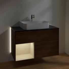 Тумба під раковину Villeroy & Boch Finion 100х50,1 см з підсвічуванням ДСП шпон волоського горіха/пісок матовий лак/скло чорне матове G112HHGN