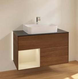 Тумба під раковину Villeroy & Boch Finion 100х50,1 см з підсвічуванням ДСП шпон волоського горіха/пісок матовий лак/скло чорне матове G112HHGN