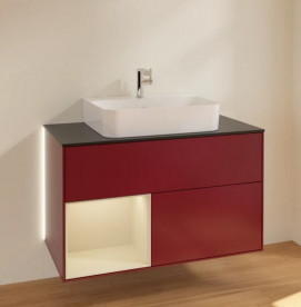 Тумба под раковину Villeroy & Boch Finion 100х50,1 см с подсветкой МДФ пион матовый лак/песок матовый лак/стекло черное матовое G112HHHB