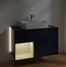 Тумба под раковину Villeroy & Boch Finion 100х50,1 см с подсветкой МДФ темно-синий матовый лак/песок матовый лак/стекло черное матовое G112HHHG