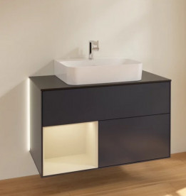 Тумба под раковину Villeroy & Boch Finion 100х50,1 см с подсветкой МДФ темно-синий матовый лак/песок матовый лак/стекло черное матовое G112HHHG