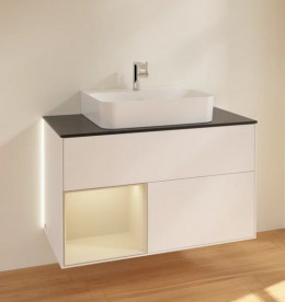 Тумба под раковину Villeroy & Boch Finion 100х50,1 см с подсветкой МДФ белый матовый лак/песок матовый лак/стекло черное матовое G112HHMT