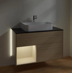 Тумба под раковину Villeroy & Boch Finion 100х50,1 см с подсветкой ДСП шпон дуба/песок матовый лак/стекло черное матовое G112HHPC