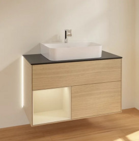 Тумба под раковину Villeroy & Boch Finion 100х50,1 см с подсветкой ДСП шпон дуба/песок матовый лак/стекло черное матовое G112HHPC