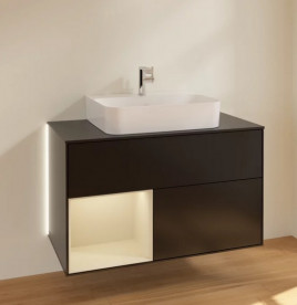 Тумба под раковину Villeroy & Boch Finion 100х50,1 см с подсветкой МДФ черный матовый лак/песок матовый лак/стекло черное матовое G112HHPD