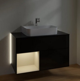 Тумба под раковину Villeroy & Boch Finion 100х50,1 см с подсветкой МДФ глянцевый черный лак/песок матовый лак/стекло черное матовое G112HHPH