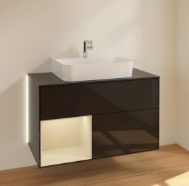 Тумба под раковину Villeroy & Boch Finion 100х50,1 см с подсветкой МДФ глянцевый черный лак/песок матовый лак/стекло черное матовое G112HHPH