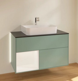 Тумба под раковину Villeroy & Boch Finion 100х50,1 см с подсветкой МДФ оливковый матовый лак/белый матовый лак/стекло черное матовое G112MTGM
