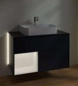 Тумба под раковину Villeroy & Boch Finion 100х50,1 см с подсветкой МДФ темно-синий матовый лак/белый матовый лак/стекло черное матовое G112MTHG
