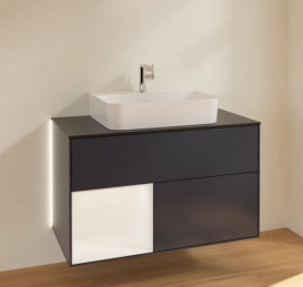 Тумба под раковину Villeroy & Boch Finion 100х50,1 см с подсветкой МДФ темно-синий матовый лак/белый матовый лак/стекло черное матовое G112MTHG
