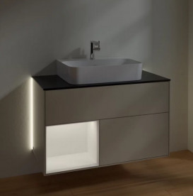 Тумба под раковину Villeroy & Boch Finion 100х50,1 см с подсветкой МДФ песок матовый лак/белый матовый лак/стекло черное матовое G112MTHH