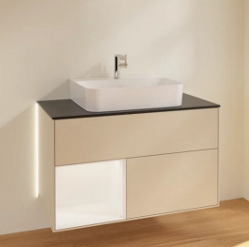 Тумба под раковину Villeroy & Boch Finion 100х50,1 см с подсветкой МДФ песок матовый лак/белый матовый лак/стекло черное матовое G112MTHH