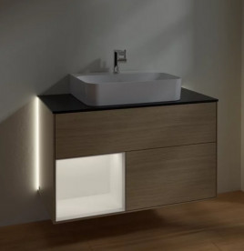 Тумба под раковину Villeroy & Boch Finion 100х50,1 см с подсветкой ДСП шпон дуба/белый матовый лак/стекло черное матовое G112MTPC