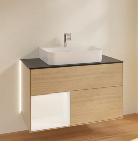 Тумба под раковину Villeroy & Boch Finion 100х50,1 см с подсветкой ДСП шпон дуба/белый матовый лак/стекло черное матовое G112MTPC
