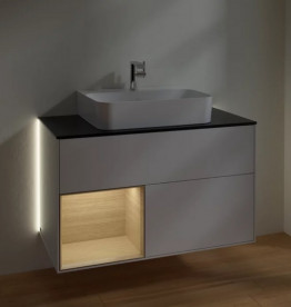 Тумба под раковину Villeroy & Boch Finion 100х50,1 см с подсветкой МДФ глянцевый белый лак/шпон дуба/стекло черное матовое G112PCGF