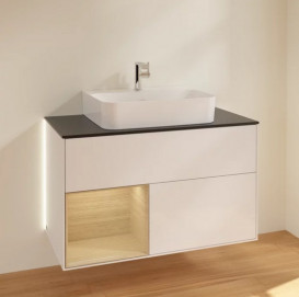 Тумба под раковину Villeroy & Boch Finion 100х50,1 см с подсветкой МДФ глянцевый белый лак/шпон дуба/стекло черное матовое G112PCGF