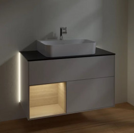 Тумба под раковину Villeroy & Boch Finion 100х50,1 см с подсветкой МДФ светло-серый матовый лак/шпон дуба/стекло черное матовое G112PCGJ