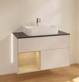 Тумба под раковину Villeroy & Boch Finion 100х50,1 см с подсветкой МДФ светло-серый матовый лак/шпон дуба/стекло черное матовое G112PCGJ