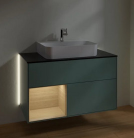 Тумба під раковину Villeroy & Boch Finion 100х50,1 см із підсвічуванням МДФ оливковий матовий лак/шпон дуба/скло чорне матове G112PCGM