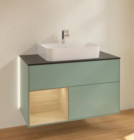 Тумба під раковину Villeroy & Boch Finion 100х50,1 см із підсвічуванням МДФ оливковий матовий лак/шпон дуба/скло чорне матове G112PCGM