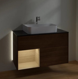 Тумба под раковину Villeroy & Boch Finion 100х50,1 см с подсветкой ДСП шпон грецкого ореха/шпон дуба/стекло черное матовое G112PCGN