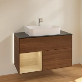 Тумба под раковину Villeroy & Boch Finion 100х50,1 см с подсветкой ДСП шпон грецкого ореха/шпон дуба/стекло черное матовое G112PCGN