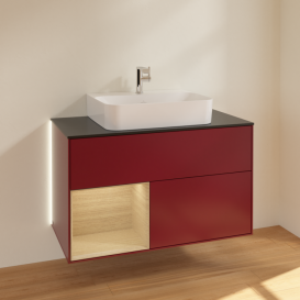 Тумба под раковину Villeroy & Boch Finion 100х50,1 см с подсветкой МДФ пион матовый лак/шпон дуба/стекло черное матовое G112PCHB